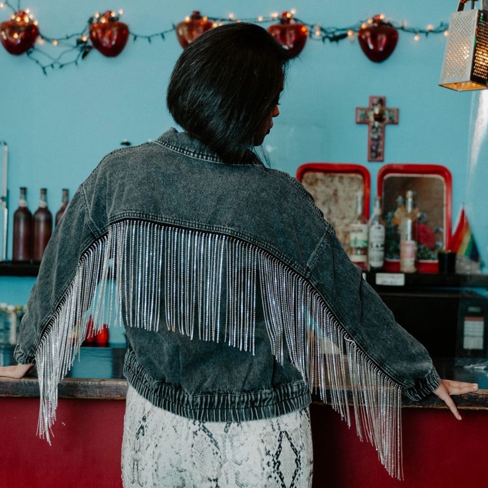 🚨LAST SMALL EVER🚨Last Call Rhinestone Fringe Denim Jacket - Picture 2 of 16